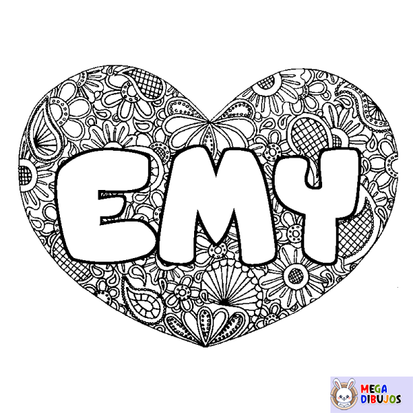 Coloración del nombre EMY - decorado mandala de coraz&oacute;n