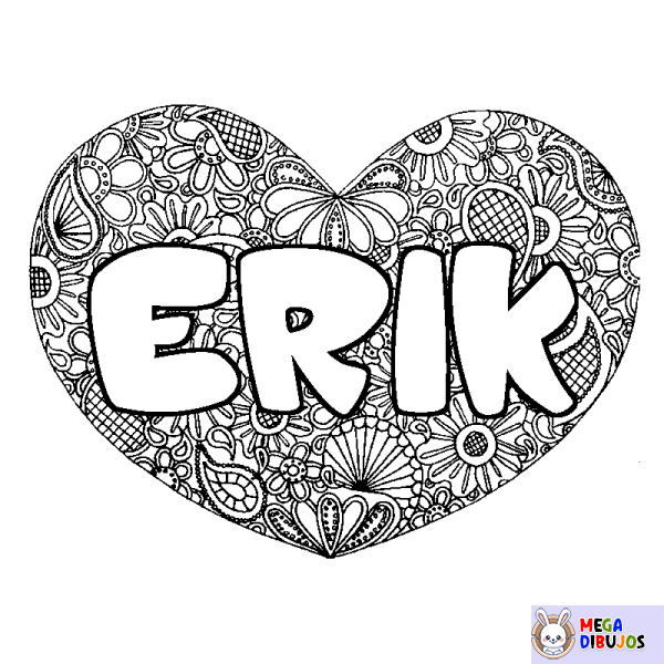 Coloración del nombre ERIK - decorado mandala de coraz&oacute;n