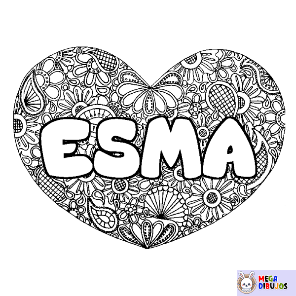 Coloración del nombre ESMA - decorado mandala de coraz&oacute;n