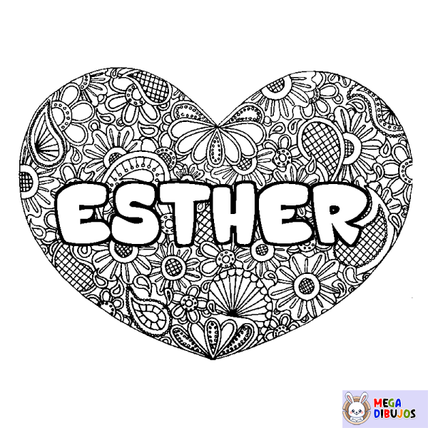 Coloración del nombre ESTHER - decorado mandala de coraz&oacute;n