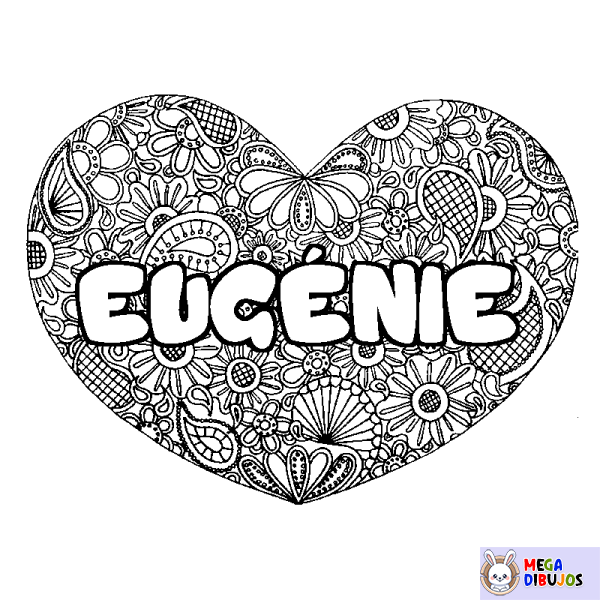 Coloración del nombre EUG&Eacute;NIE - decorado mandala de coraz&oacute;n