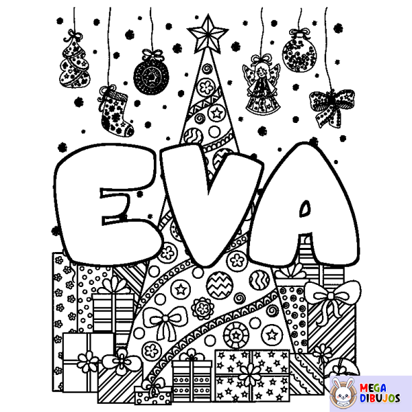 Coloración del nombre EVA - decorado &aacute;rbol de Navidad y regalos