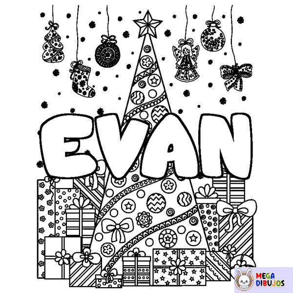 Coloración del nombre EVAN - decorado &aacute;rbol de Navidad y regalos