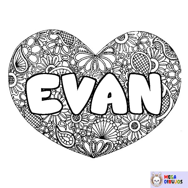 Coloración del nombre EVAN - decorado mandala de coraz&oacute;n