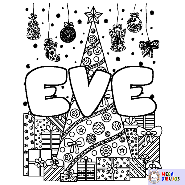 Coloración del nombre EVE - decorado &aacute;rbol de Navidad y regalos