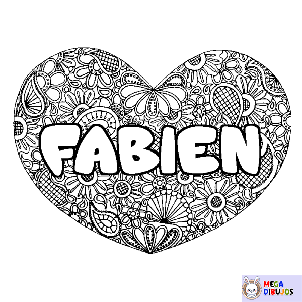 Coloración del nombre FABIEN - decorado mandala de coraz&oacute;n