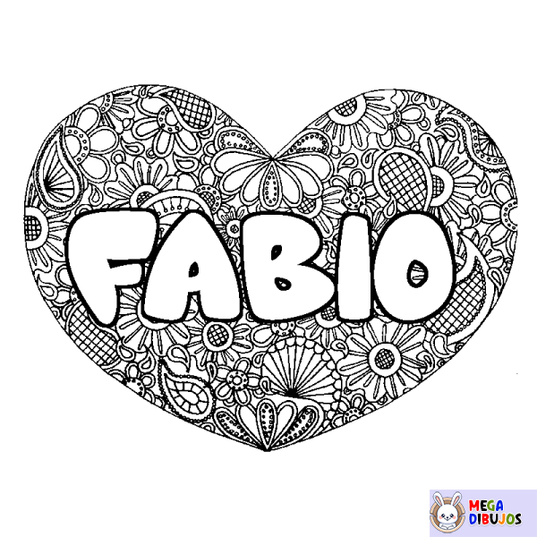 Coloración del nombre FABIO - decorado mandala de coraz&oacute;n