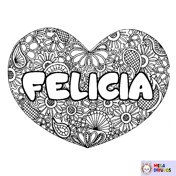 Coloración del nombre FELICIA - decorado mandala de coraz&oacute;n