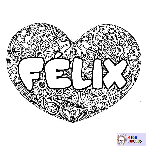 Coloración del nombre F&Eacute;LIX - decorado mandala de coraz&oacute;n