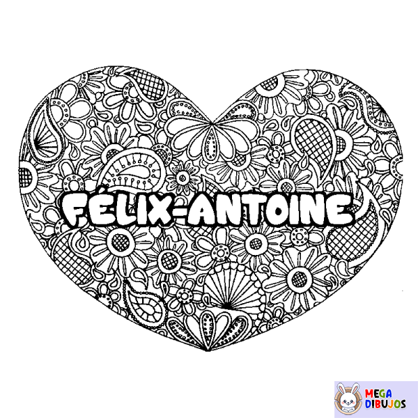 Coloración del nombre F&Eacute;LIX-ANTOINE - decorado mandala de coraz&oacute;n