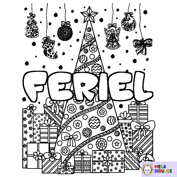 Coloración del nombre FERIEL - decorado &aacute;rbol de Navidad y regalos