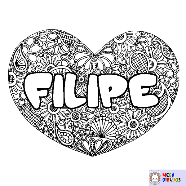 Coloración del nombre FILIPE - decorado mandala de coraz&oacute;n