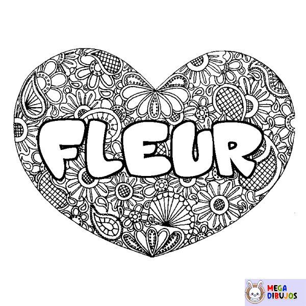 Coloración del nombre FLEUR - decorado mandala de coraz&oacute;n