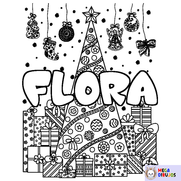 Coloración del nombre FLORA - decorado &aacute;rbol de Navidad y regalos