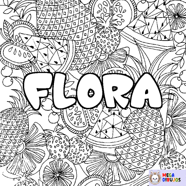 Coloración del nombre FLORA - decorado mandala de frutas