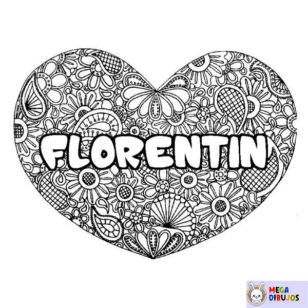 Coloración del nombre FLORENTIN - decorado mandala de coraz&oacute;n