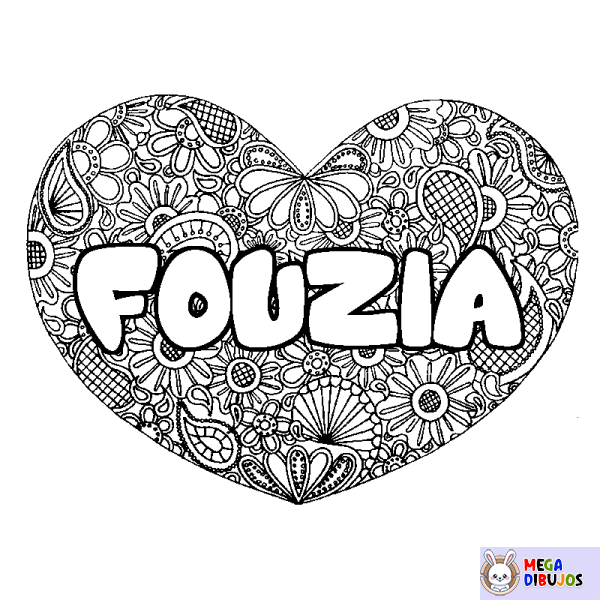 Coloración del nombre FOUZIA - decorado mandala de coraz&oacute;n