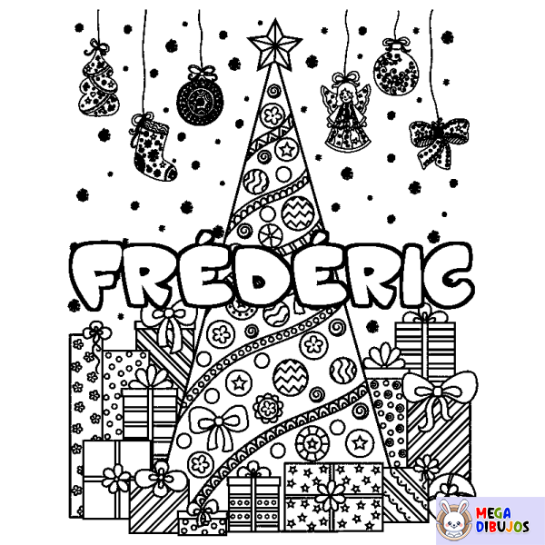 Coloración del nombre FR&Eacute;D&Eacute;RIC - decorado &aacute;rbol de Navidad y regalos