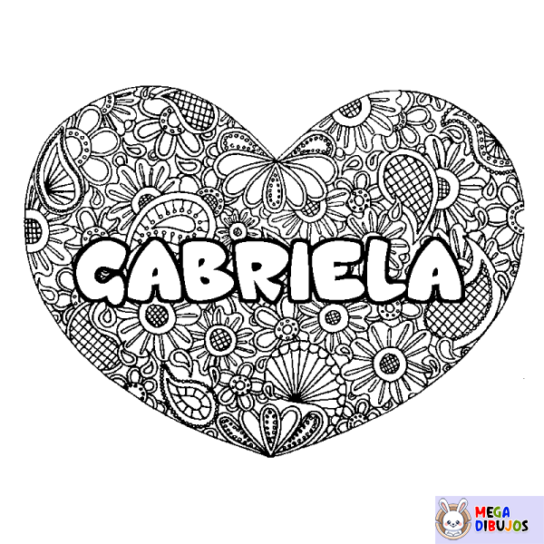 Coloración del nombre GABRIELA - decorado mandala de coraz&oacute;n