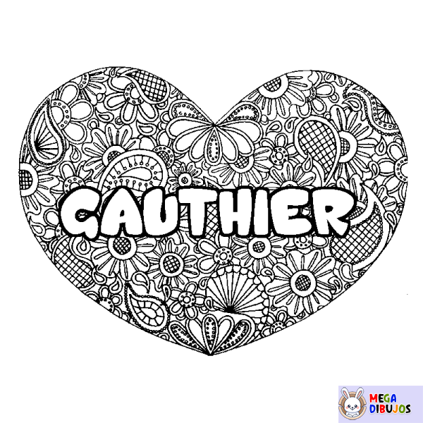 Coloración del nombre GAUTHIER - decorado mandala de coraz&oacute;n