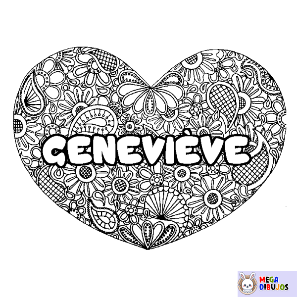 Coloración del nombre GENEVI&Egrave;VE - decorado mandala de coraz&oacute;n