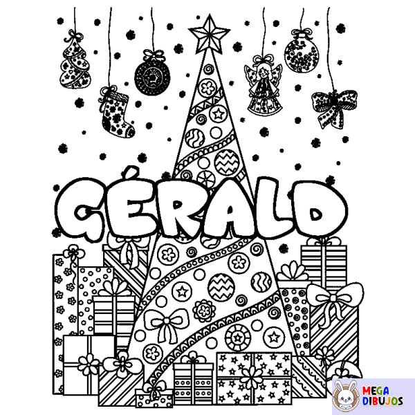 Coloración del nombre G&Eacute;RALD - decorado &aacute;rbol de Navidad y regalos