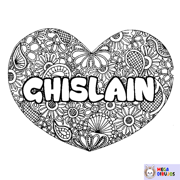 Coloración del nombre GHISLAIN - decorado mandala de coraz&oacute;n