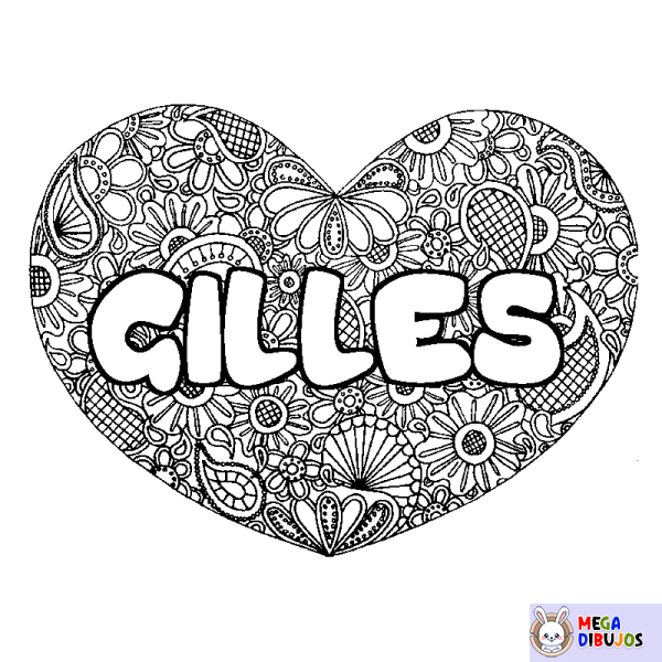 Coloración del nombre GILLES - decorado mandala de coraz&oacute;n