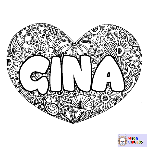 Coloración del nombre GINA - decorado mandala de coraz&oacute;n