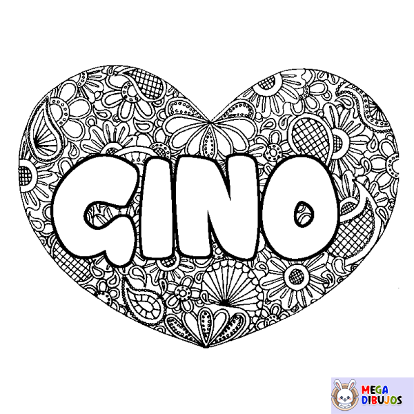 Coloración del nombre GINO - decorado mandala de coraz&oacute;n