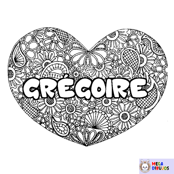 Coloración del nombre GR&Eacute;GOIRE - decorado mandala de coraz&oacute;n