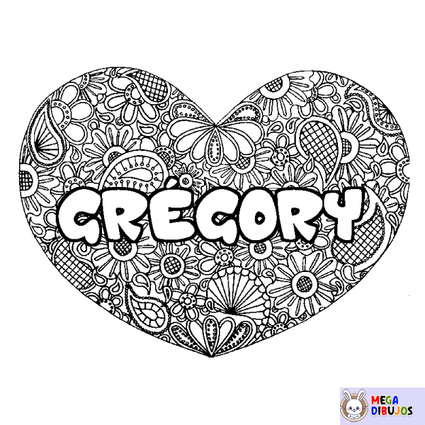 Coloración del nombre GR&Eacute;GORY - decorado mandala de coraz&oacute;n