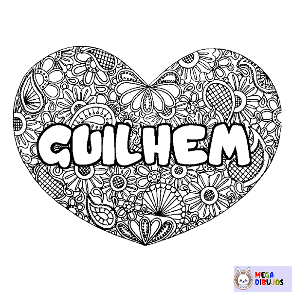 Coloración del nombre GUILHEM - decorado mandala de coraz&oacute;n