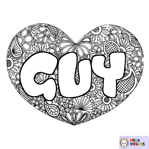 Coloración del nombre GUY - decorado mandala de coraz&oacute;n