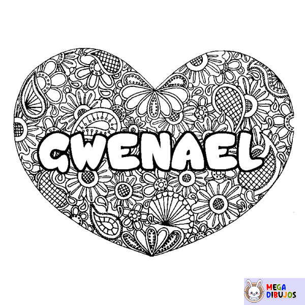 Coloración del nombre GWENAEL - decorado mandala de coraz&oacute;n