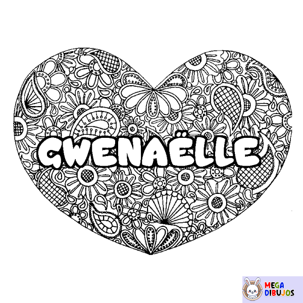 Coloración del nombre GWENA&Euml;LLE - decorado mandala de coraz&oacute;n