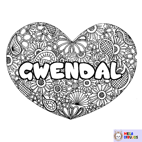 Coloración del nombre GWENDAL - decorado mandala de coraz&oacute;n