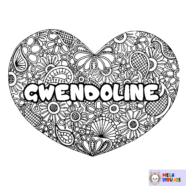 Coloración del nombre GWENDOLINE - decorado mandala de coraz&oacute;n