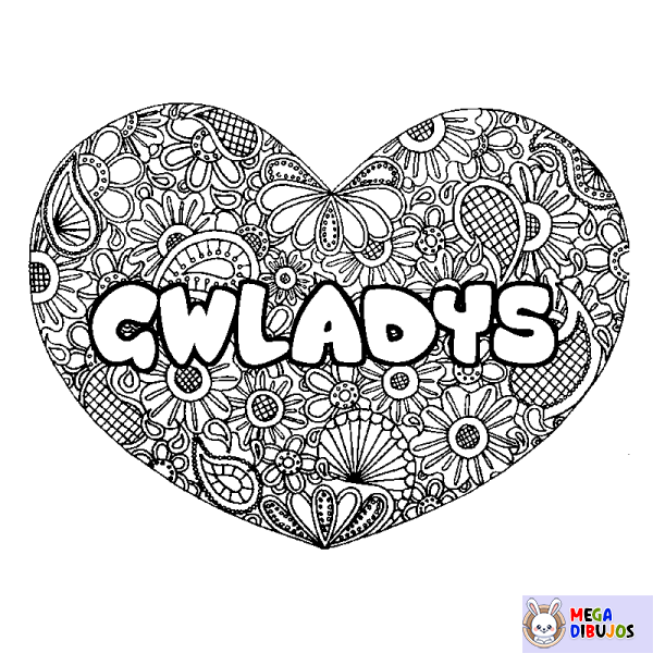 Coloración del nombre GWLADYS - decorado mandala de coraz&oacute;n