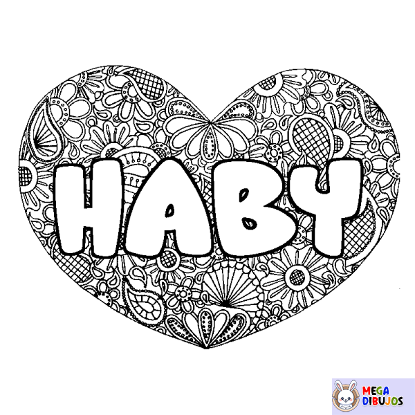 Coloración del nombre HABY - decorado mandala de coraz&oacute;n