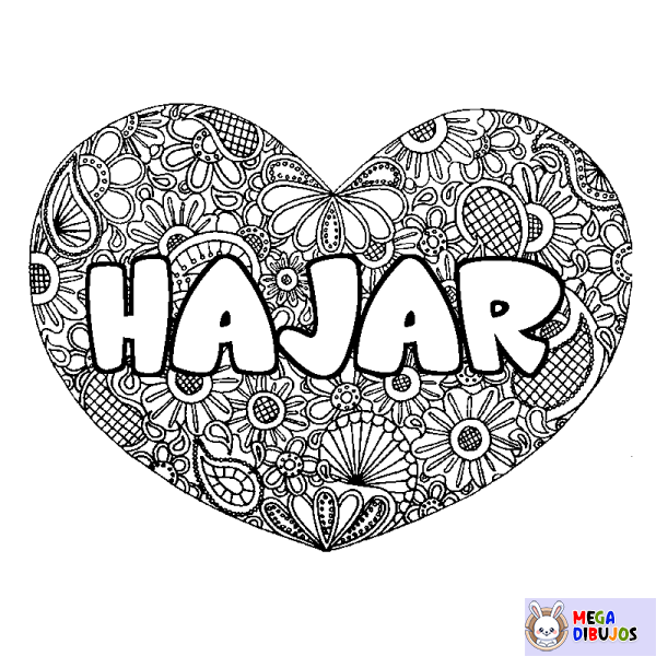 Coloración del nombre HAJAR - decorado mandala de coraz&oacute;n