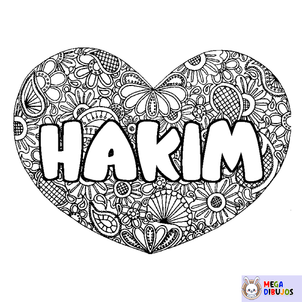 Coloración del nombre HAKIM - decorado mandala de coraz&oacute;n