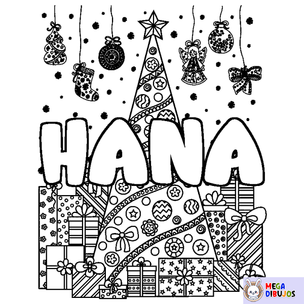 Coloración del nombre HANA - decorado &aacute;rbol de Navidad y regalos