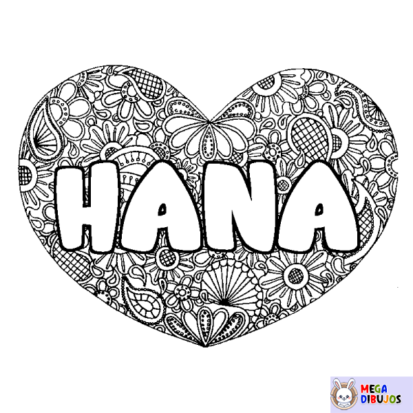 Coloración del nombre HANA - decorado mandala de coraz&oacute;n