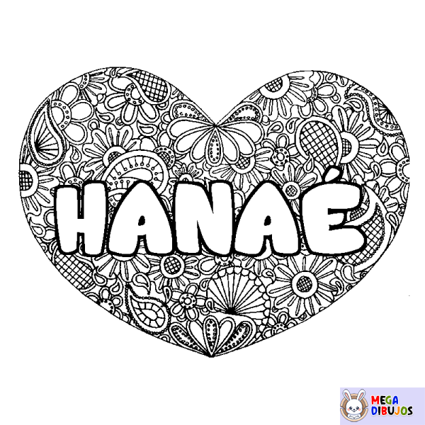 Coloración del nombre HANA&Eacute; - decorado mandala de coraz&oacute;n