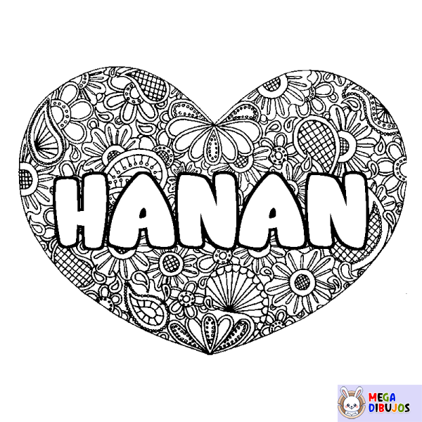 Coloración del nombre HANAN - decorado mandala de coraz&oacute;n