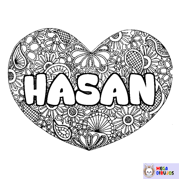 Coloración del nombre HASAN - decorado mandala de coraz&oacute;n