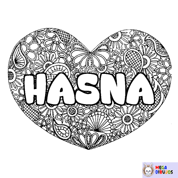 Coloración del nombre HASNA - decorado mandala de coraz&oacute;n