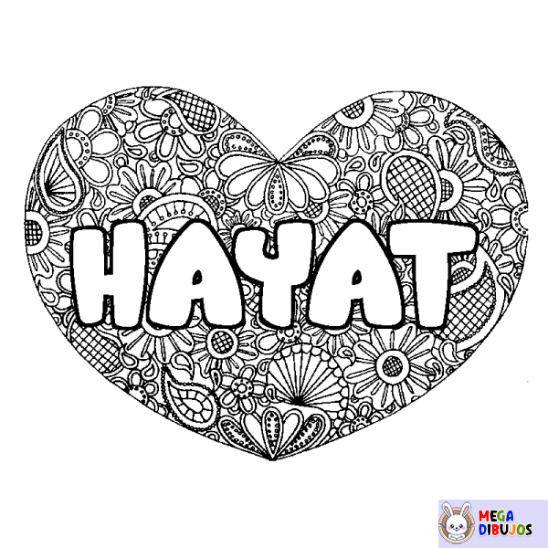 Coloración del nombre HAYAT - decorado mandala de coraz&oacute;n