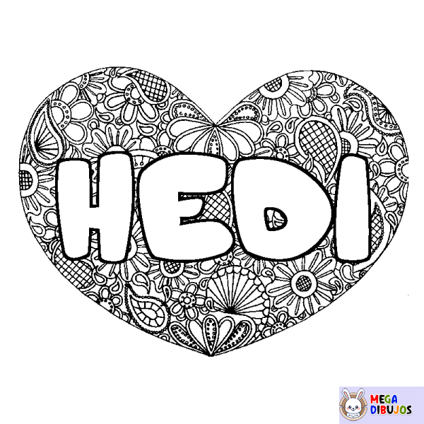 Coloración del nombre HEDI - decorado mandala de coraz&oacute;n